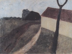 Paisagem de Crepúsculo com garfo casa e ramo de Paula Modersohn-Becker